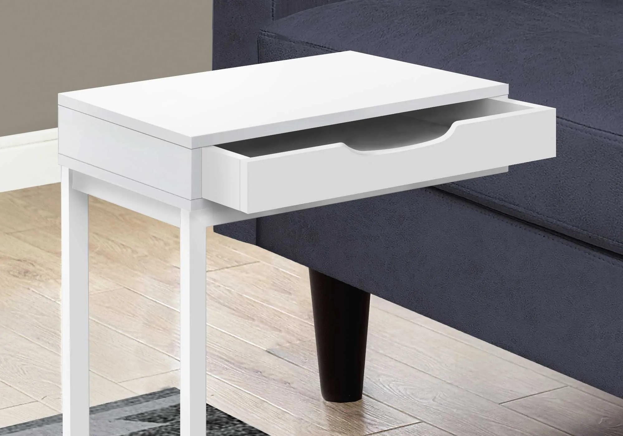 16" C-Shape White Metal Accent Table with Drawer - Perfect for Snacks, Drinks, and Devices!