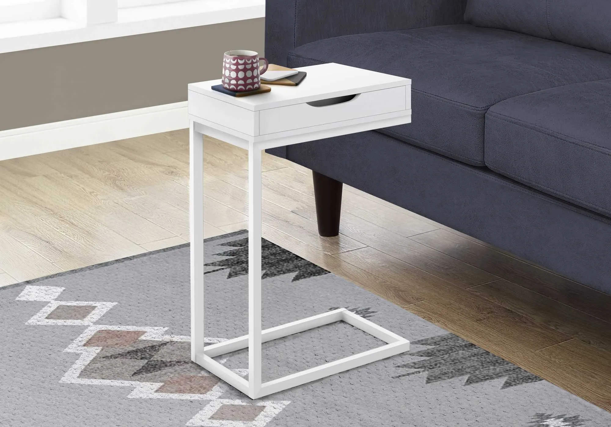 16" C-Shape White Metal Accent Table with Drawer - Perfect for Snacks, Drinks, and Devices!