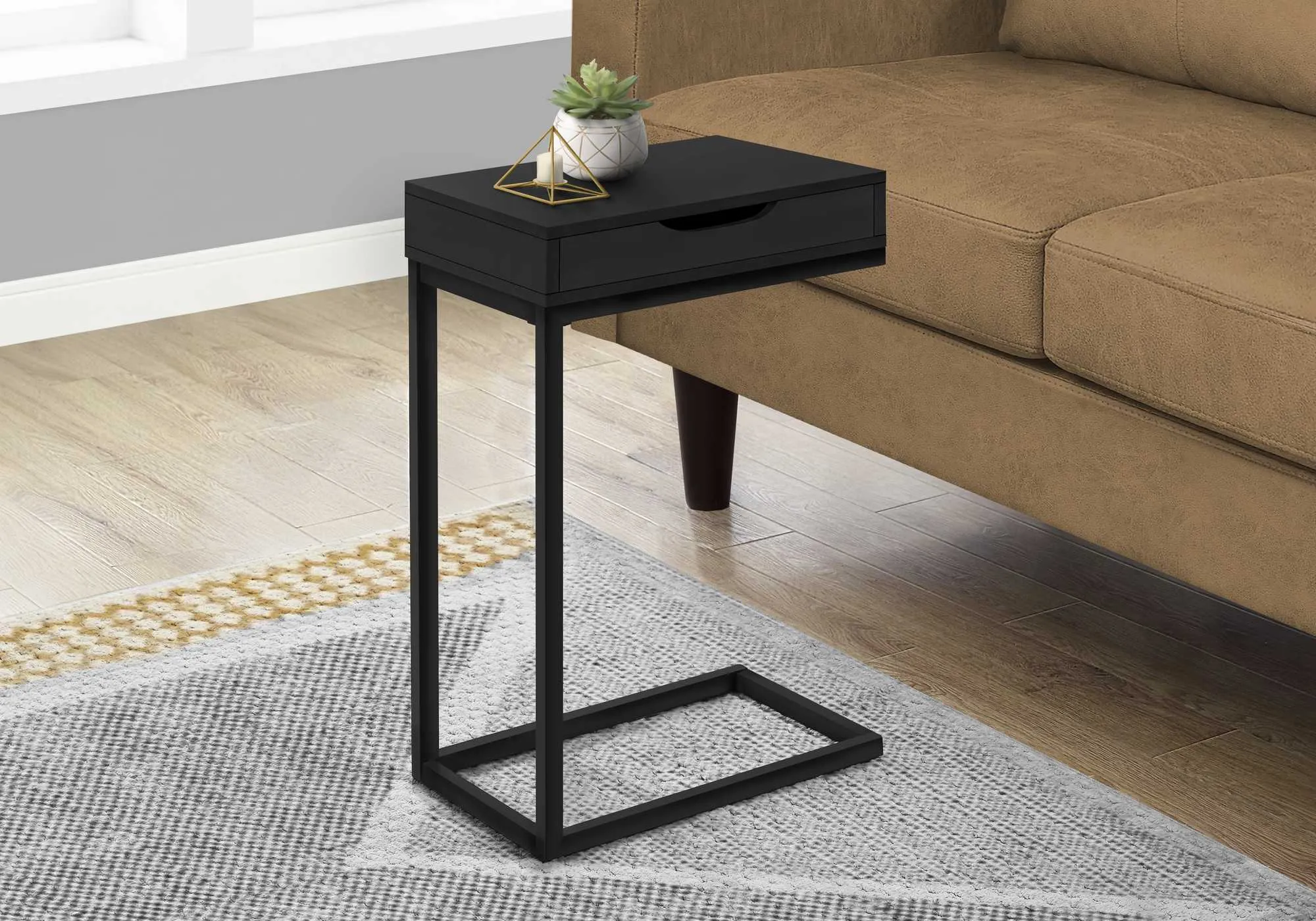 16" Stylish C-Shape Black Metal Accent Table with Drawer - Perfect for Snacks, Drinks & Laptops!