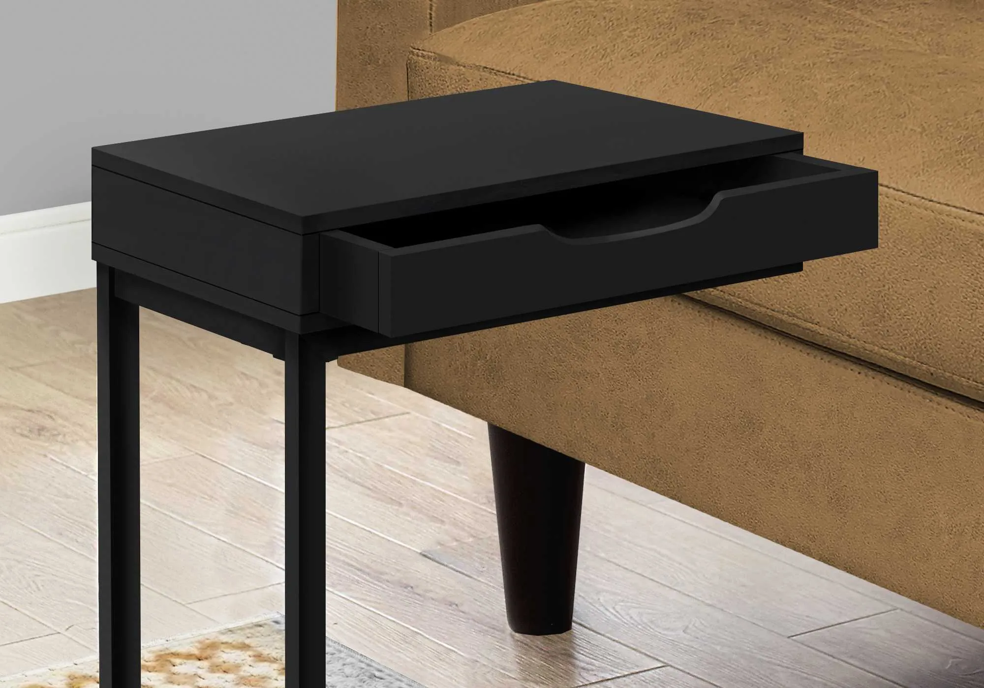 16" Stylish C-Shape Black Metal Accent Table with Drawer - Perfect for Snacks, Drinks & Laptops!