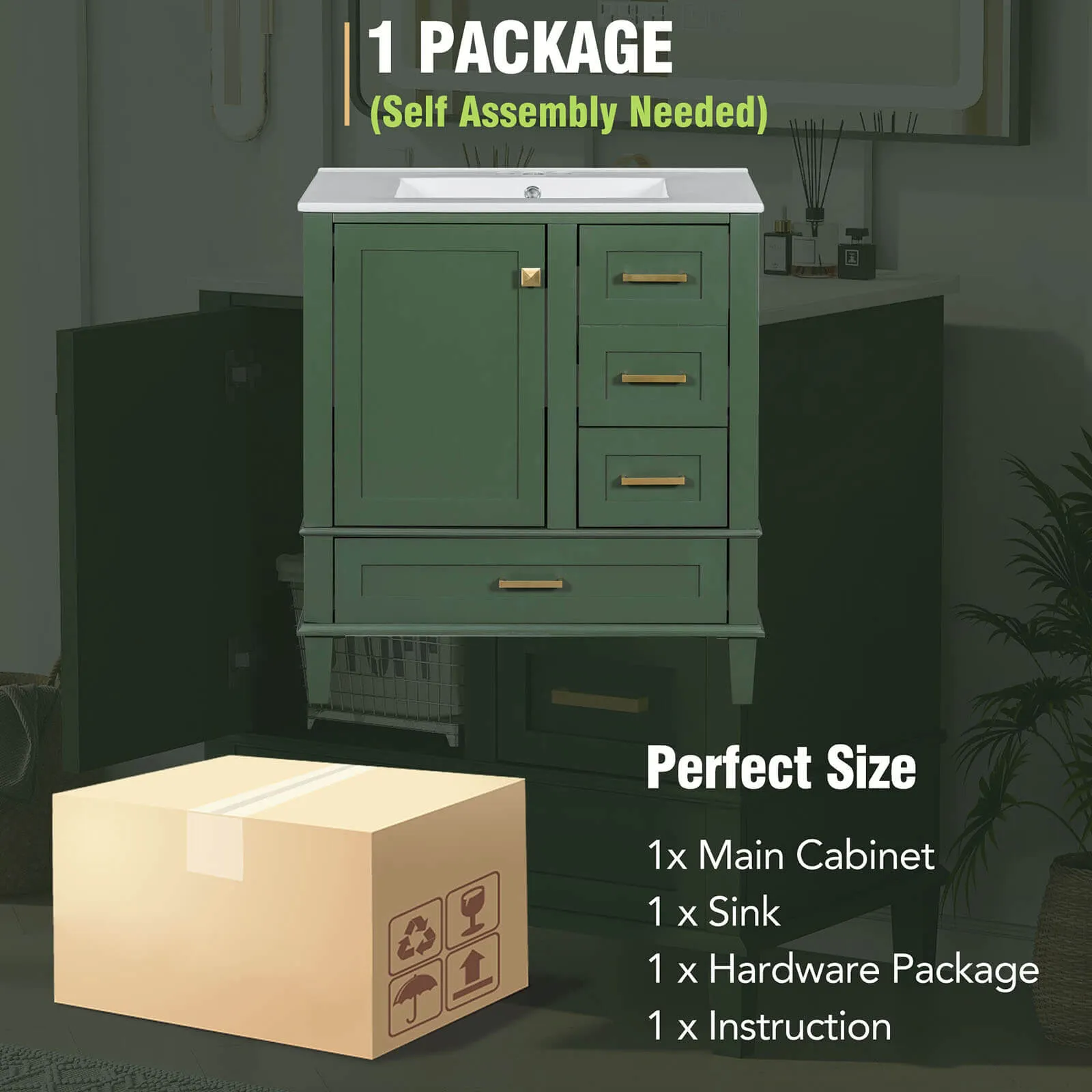 30" Dark Green Solid Wood Bathroom Vanity with Top
