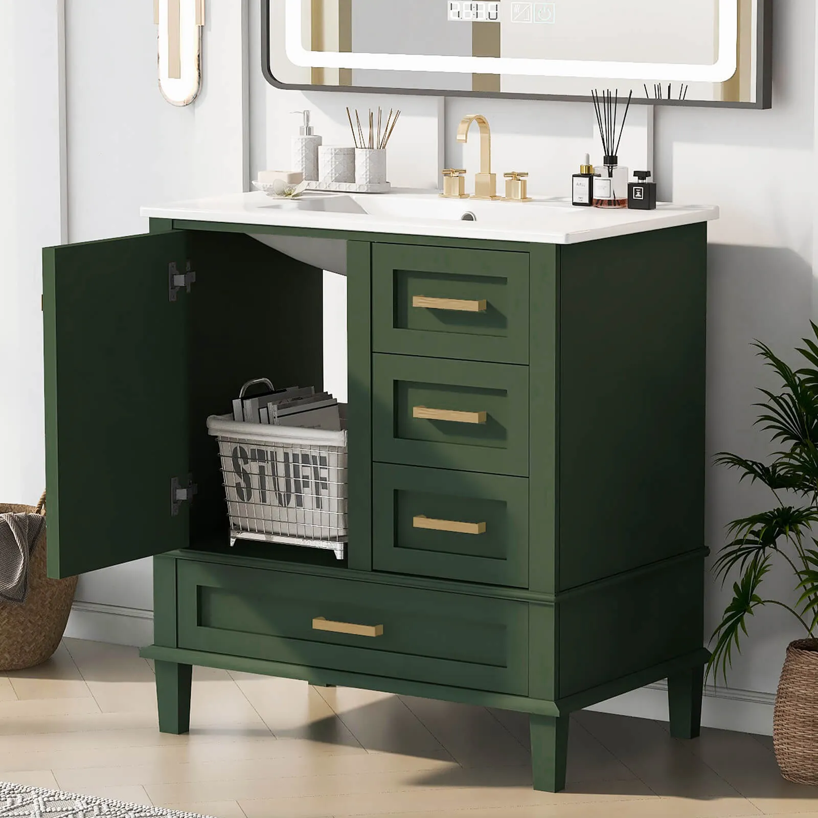 30" Dark Green Solid Wood Bathroom Vanity with Top