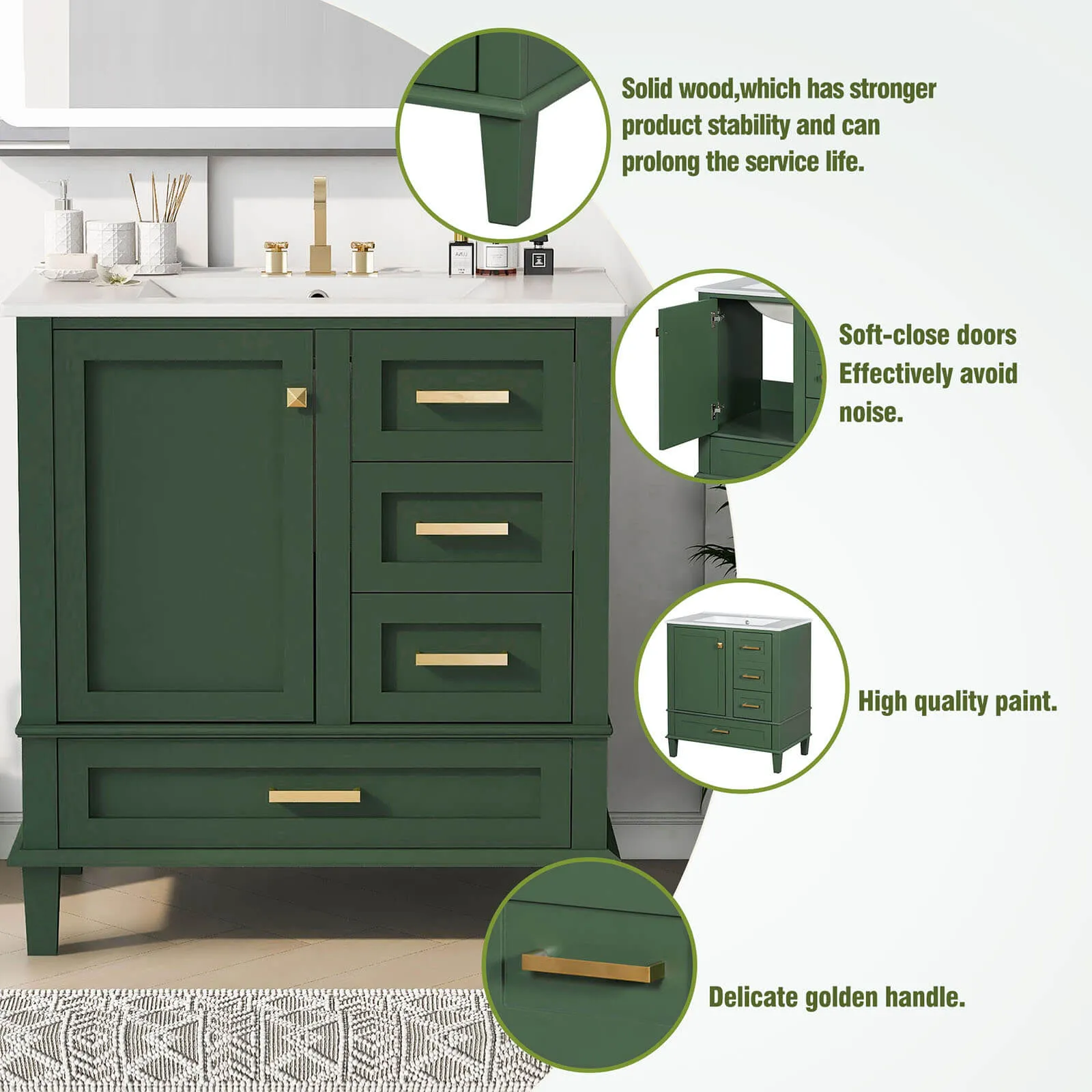 30" Dark Green Solid Wood Bathroom Vanity with Top