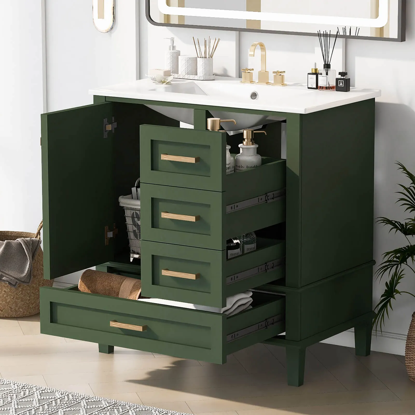 30" Dark Green Solid Wood Bathroom Vanity with Top