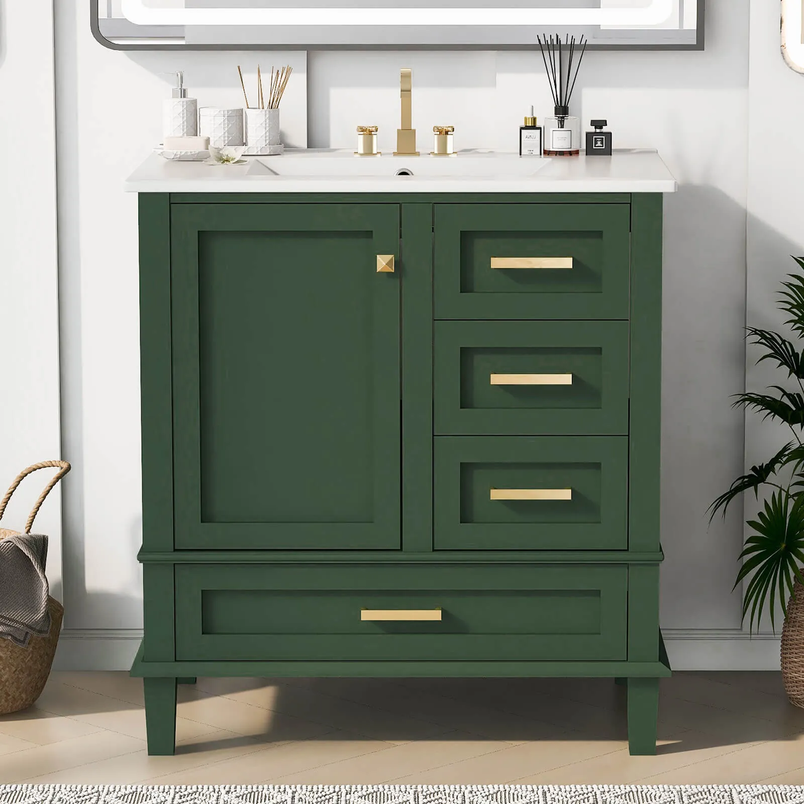 30" Dark Green Solid Wood Bathroom Vanity with Top