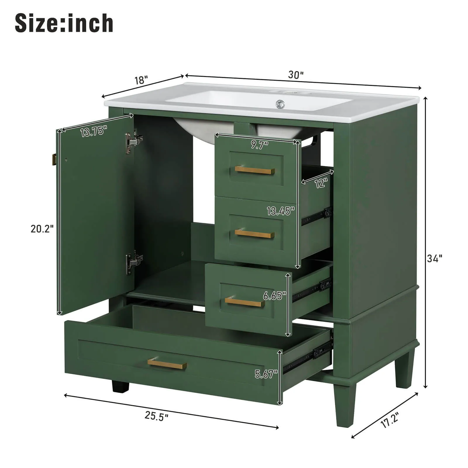 30" Dark Green Solid Wood Bathroom Vanity with Top