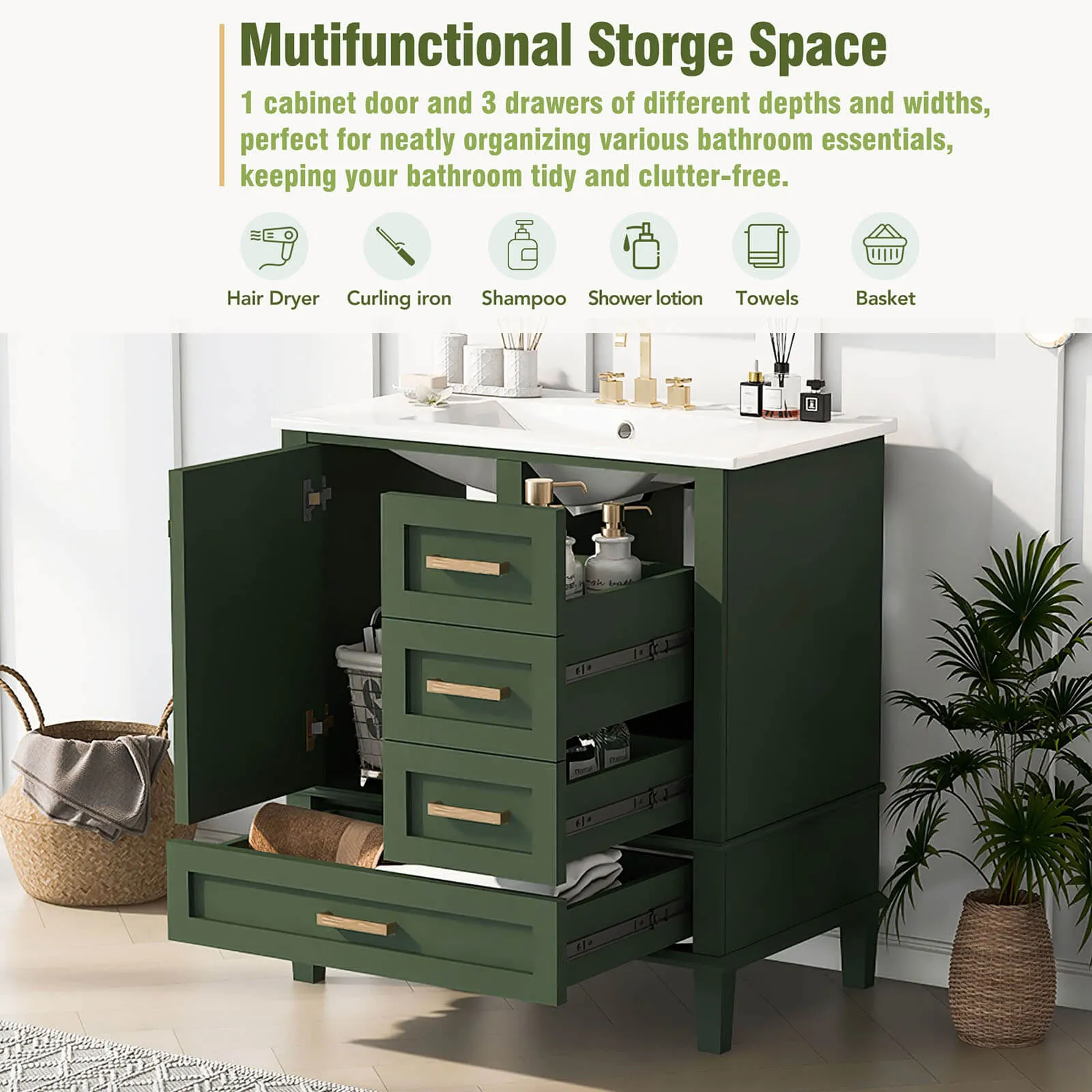 30" Dark Green Solid Wood Bathroom Vanity with Top