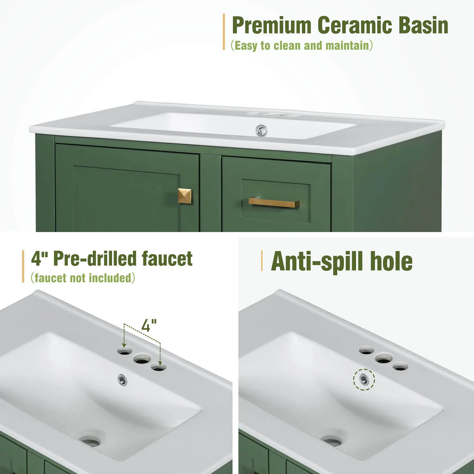 30" Dark Green Solid Wood Bathroom Vanity with Top