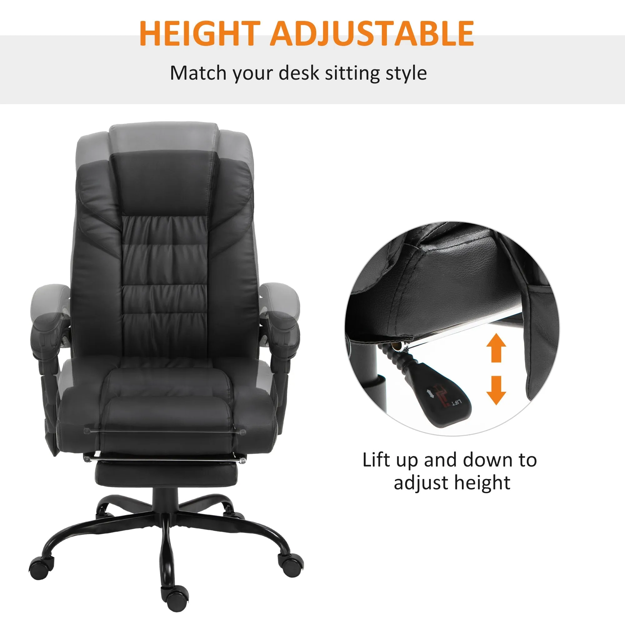 6-Point PU Leather Massage Racing Chair Electric Padded Recliner Chair Height Angle Adjustable 5 WheelsWith Remote Footrest Home Office Black