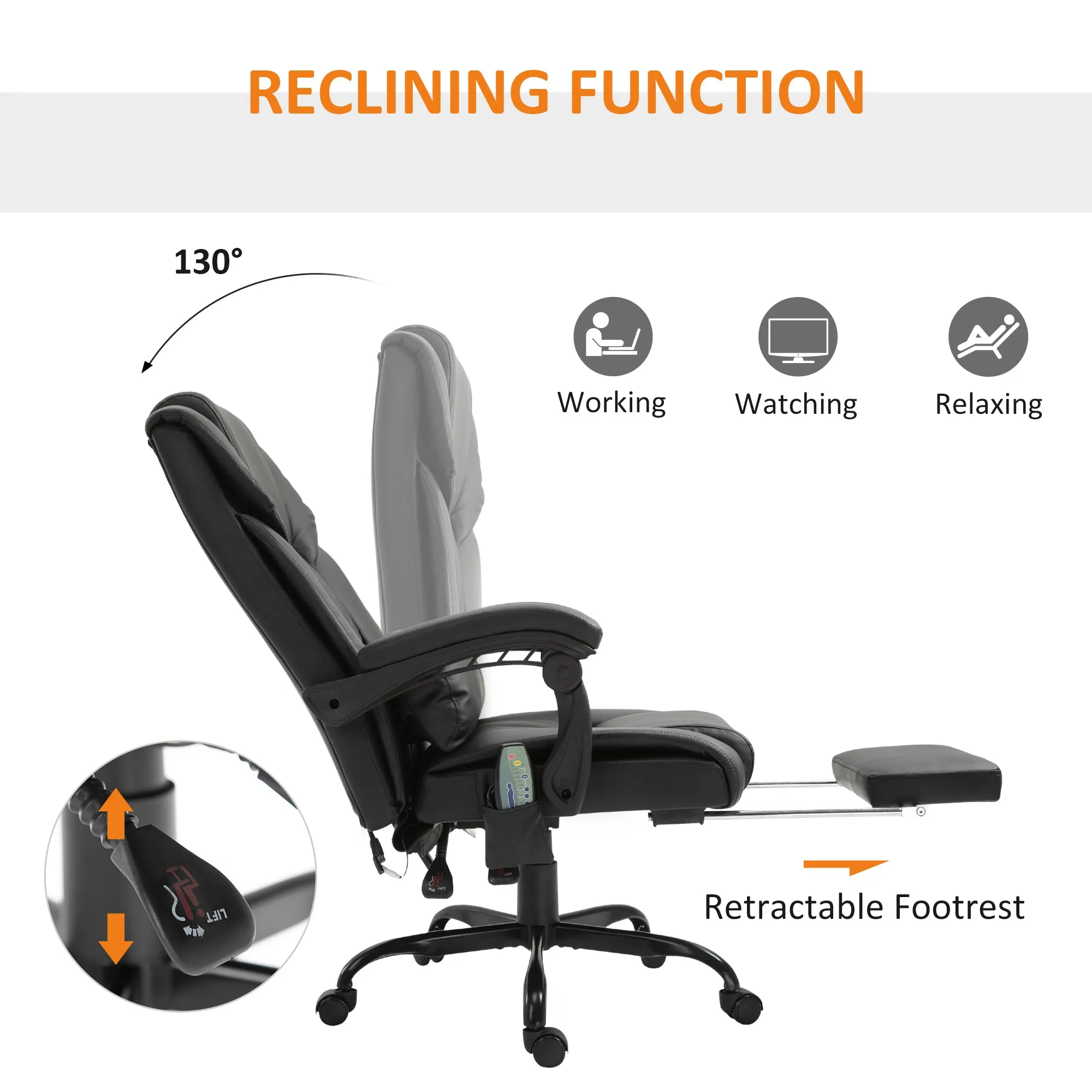 6-Point PU Leather Massage Racing Chair Electric Padded Recliner Chair Height Angle Adjustable 5 WheelsWith Remote Footrest Home Office Black