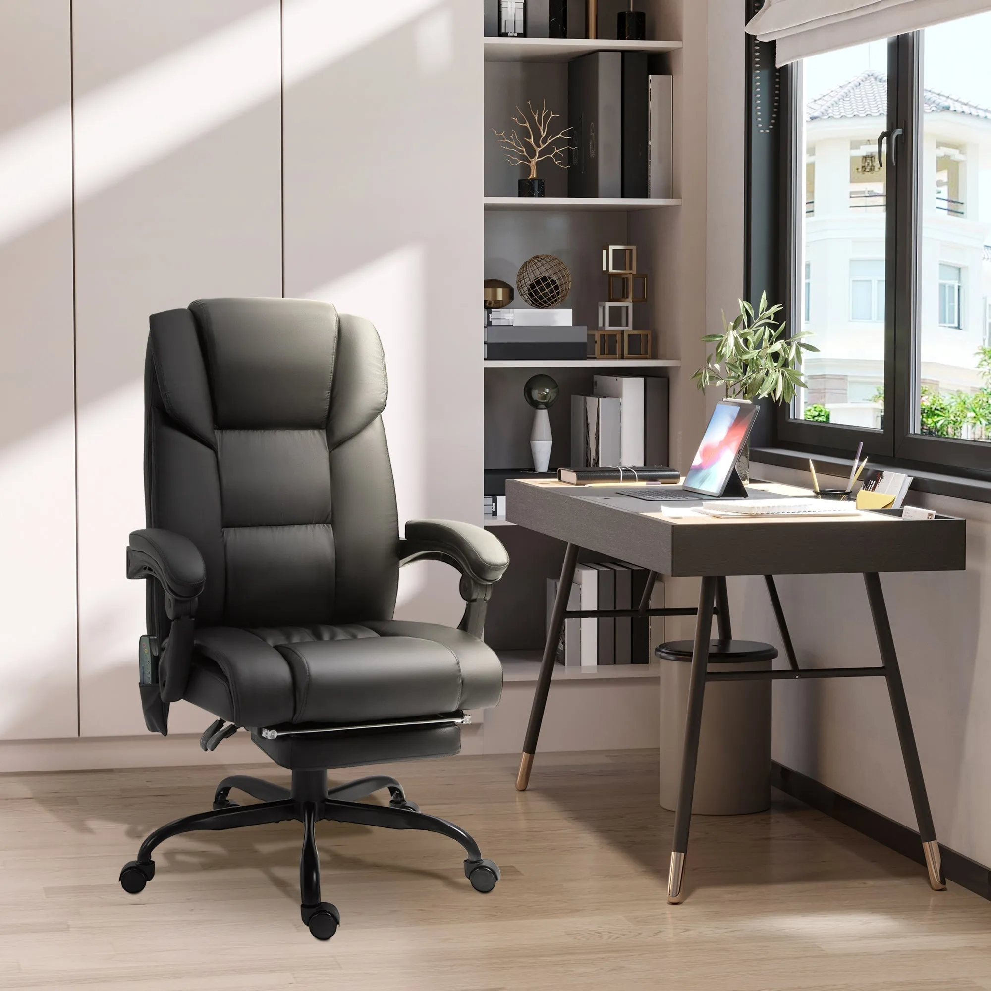 6-Point PU Leather Massage Racing Chair Electric Padded Recliner Chair Height Angle Adjustable 5 WheelsWith Remote Footrest Home Office Black