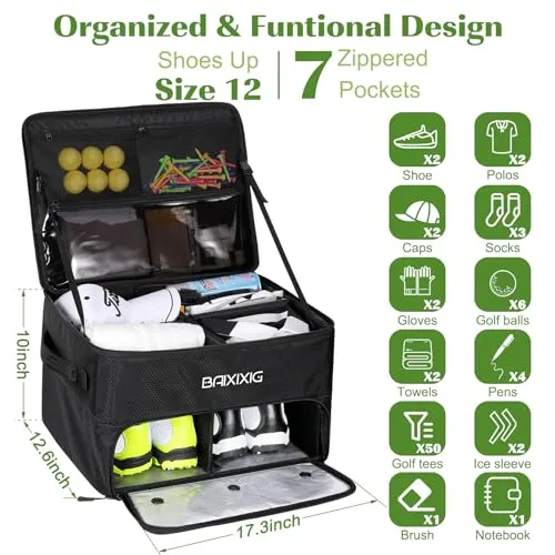 BAIXIXIG Golf Trunk Organizer, 2 Layer Waterproof Car Golf Locker with Separate Ventilated Compartment for 2 Pair Shoes, Durable Golf Trunk Storage for Golf Accessories, Golf Gifts for Men