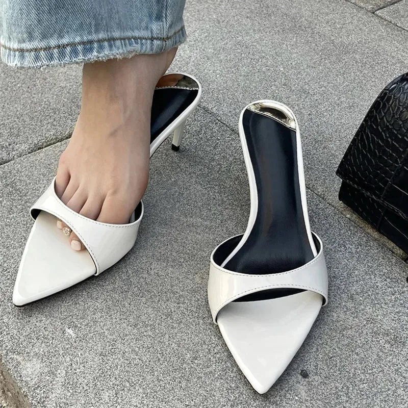 binfenxie  Summer Fashion Low Thin Heels Women Slippers Gladiator Sandals Cozy Patent Leather Pointed Toe Slip-On Slides Shoes Mules