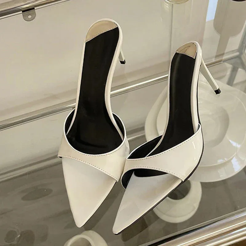 binfenxie  Summer Fashion Low Thin Heels Women Slippers Gladiator Sandals Cozy Patent Leather Pointed Toe Slip-On Slides Shoes Mules