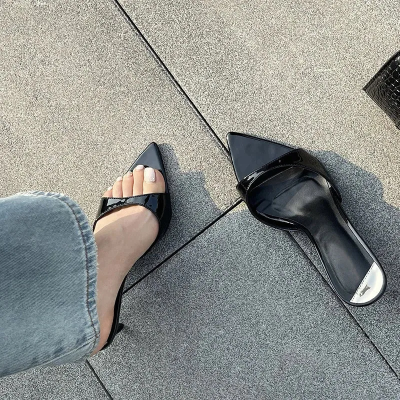 binfenxie  Summer Fashion Low Thin Heels Women Slippers Gladiator Sandals Cozy Patent Leather Pointed Toe Slip-On Slides Shoes Mules