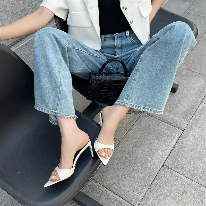 binfenxie  Summer Fashion Low Thin Heels Women Slippers Gladiator Sandals Cozy Patent Leather Pointed Toe Slip-On Slides Shoes Mules