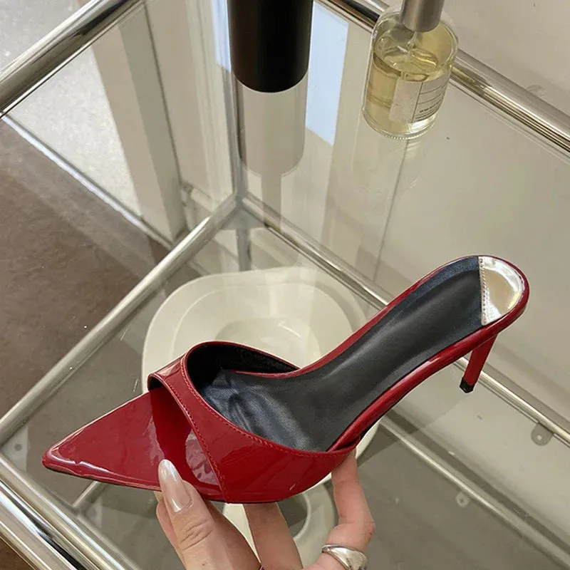 binfenxie  Summer Fashion Low Thin Heels Women Slippers Gladiator Sandals Cozy Patent Leather Pointed Toe Slip-On Slides Shoes Mules