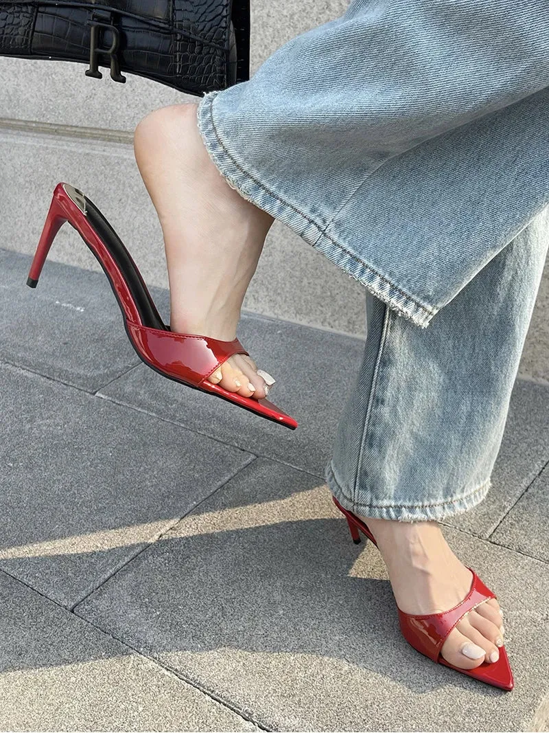 binfenxie  Summer Fashion Low Thin Heels Women Slippers Gladiator Sandals Cozy Patent Leather Pointed Toe Slip-On Slides Shoes Mules