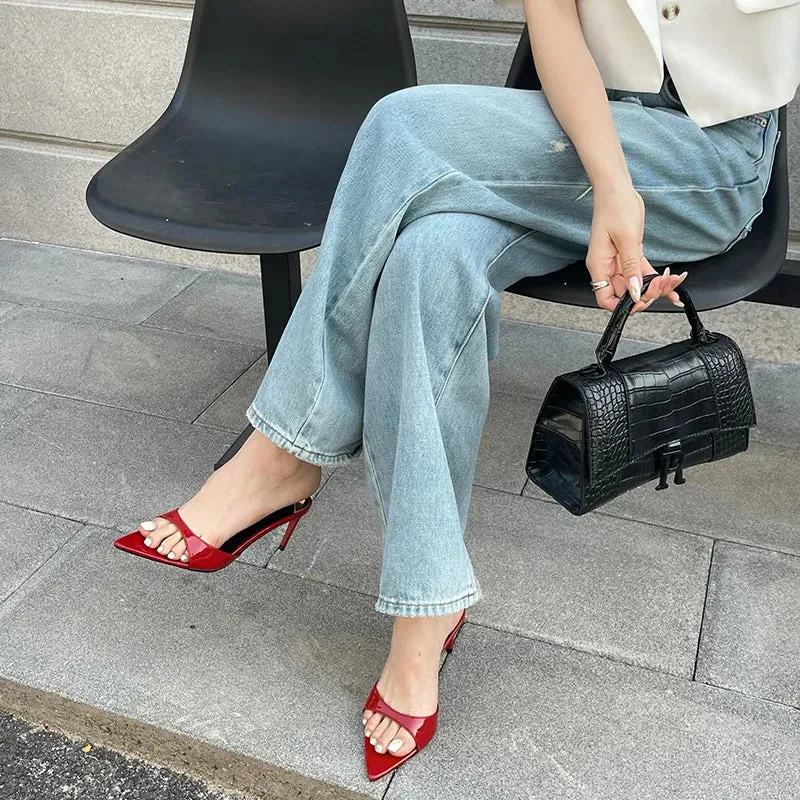 binfenxie  Summer Fashion Low Thin Heels Women Slippers Gladiator Sandals Cozy Patent Leather Pointed Toe Slip-On Slides Shoes Mules