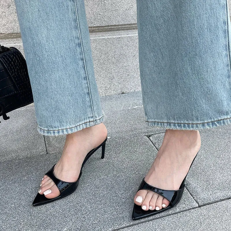 binfenxie  Summer Fashion Low Thin Heels Women Slippers Gladiator Sandals Cozy Patent Leather Pointed Toe Slip-On Slides Shoes Mules