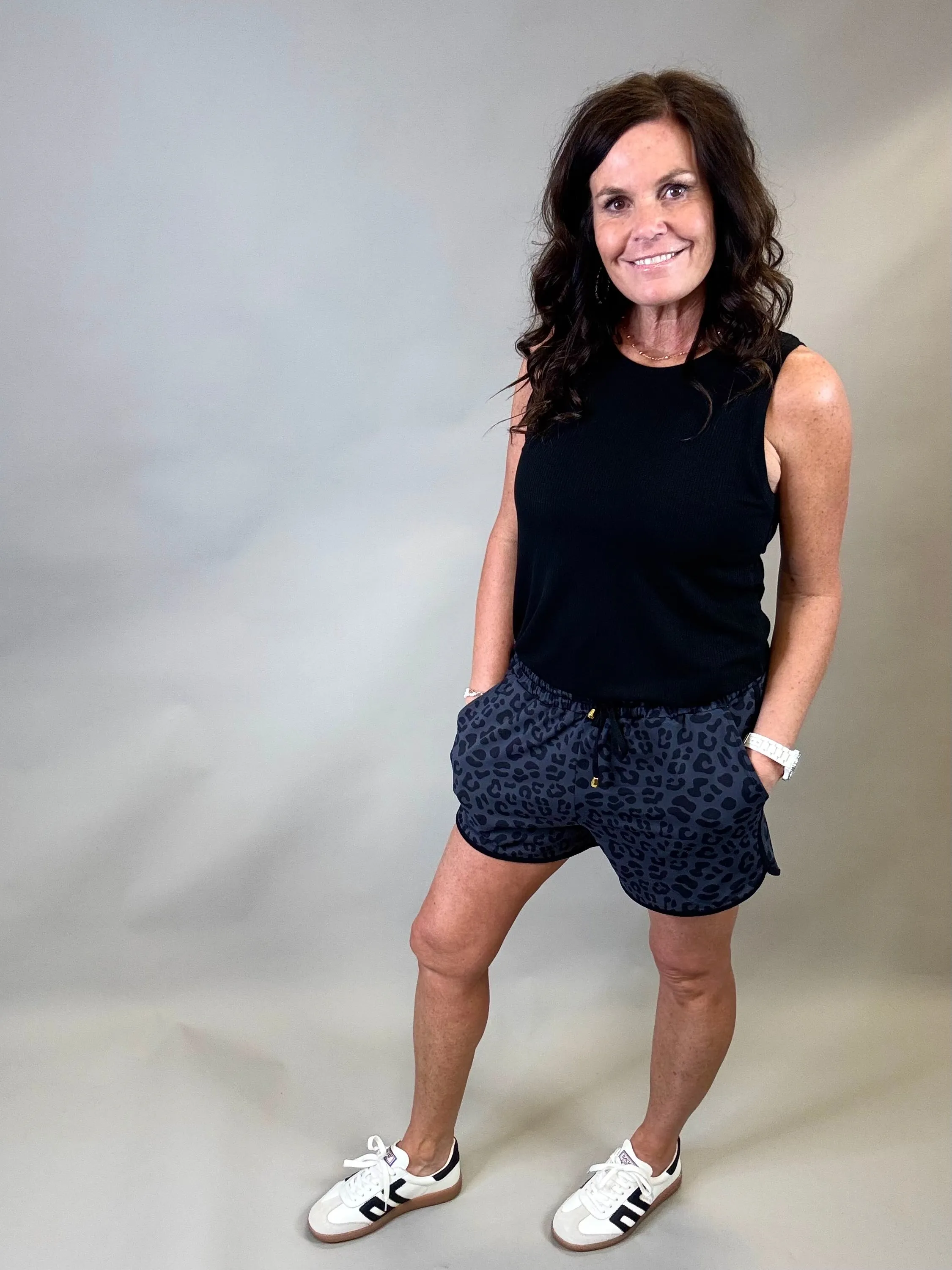 Black Leopard Drawstring Everyday Shorts