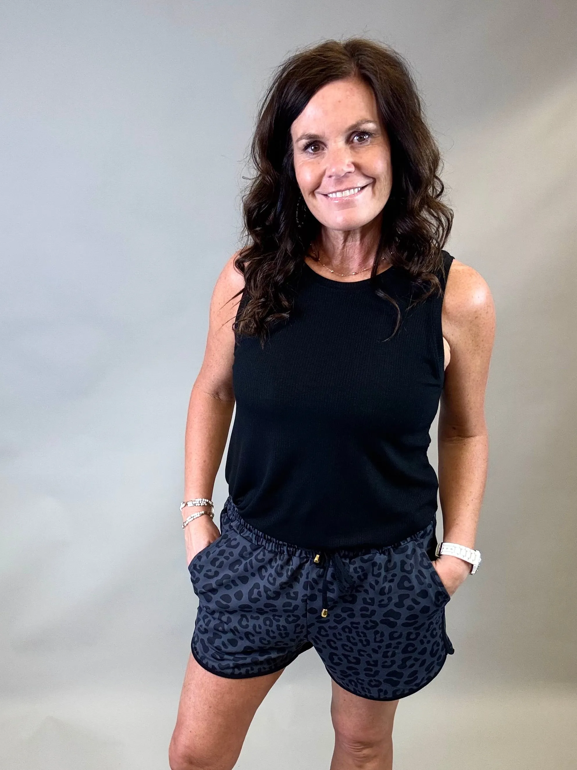 Black Leopard Drawstring Everyday Shorts