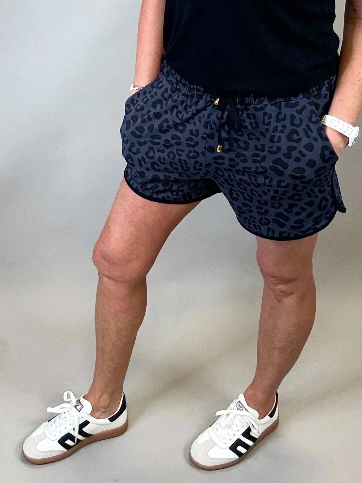 Black Leopard Drawstring Everyday Shorts