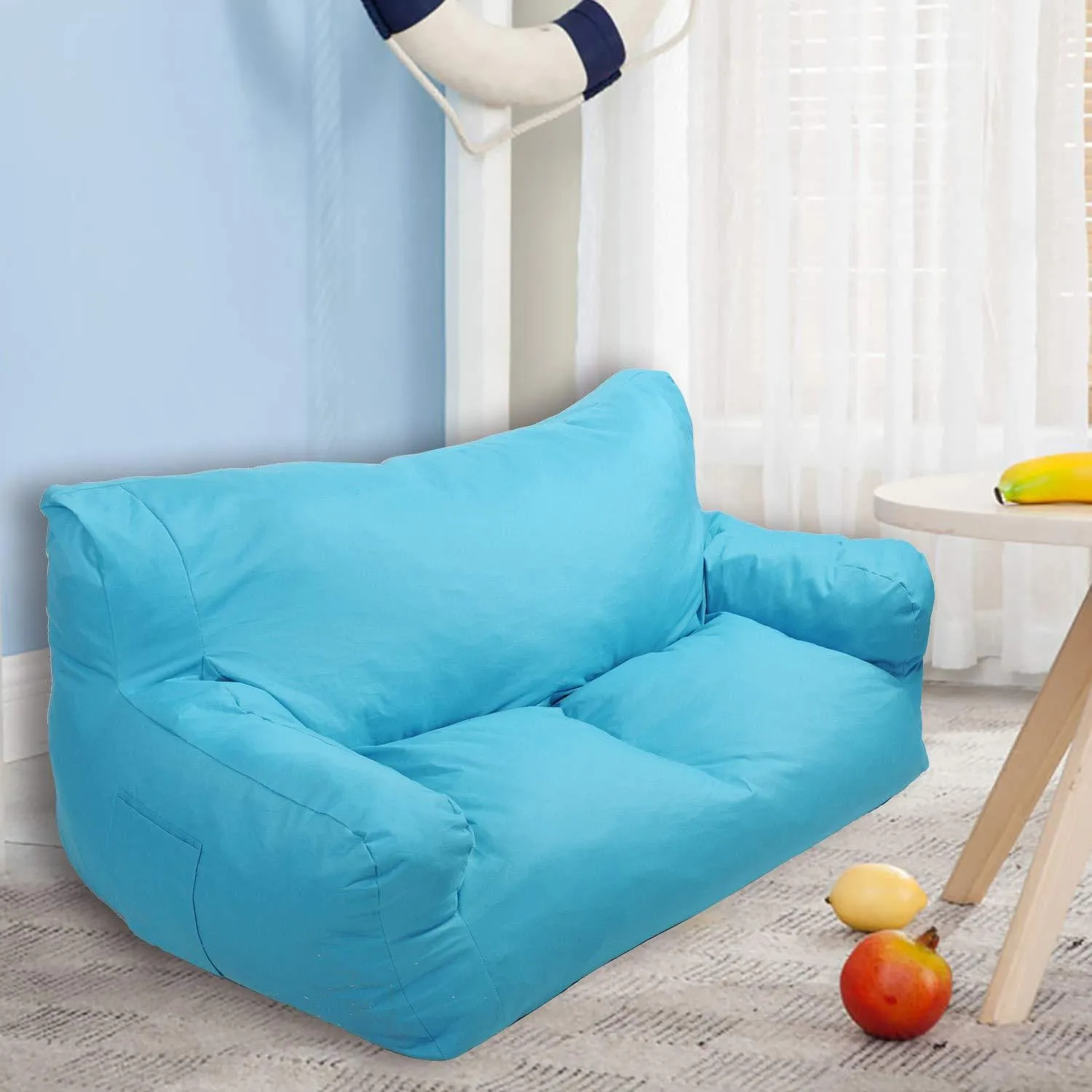 Blue Bean Bag Chair Kids Self-Inflated Sponge Stuffed Beanless Dorm Chair for Adults, Double Seats Sofa Lounger Couch Furniture for Indoor and Outdoor
