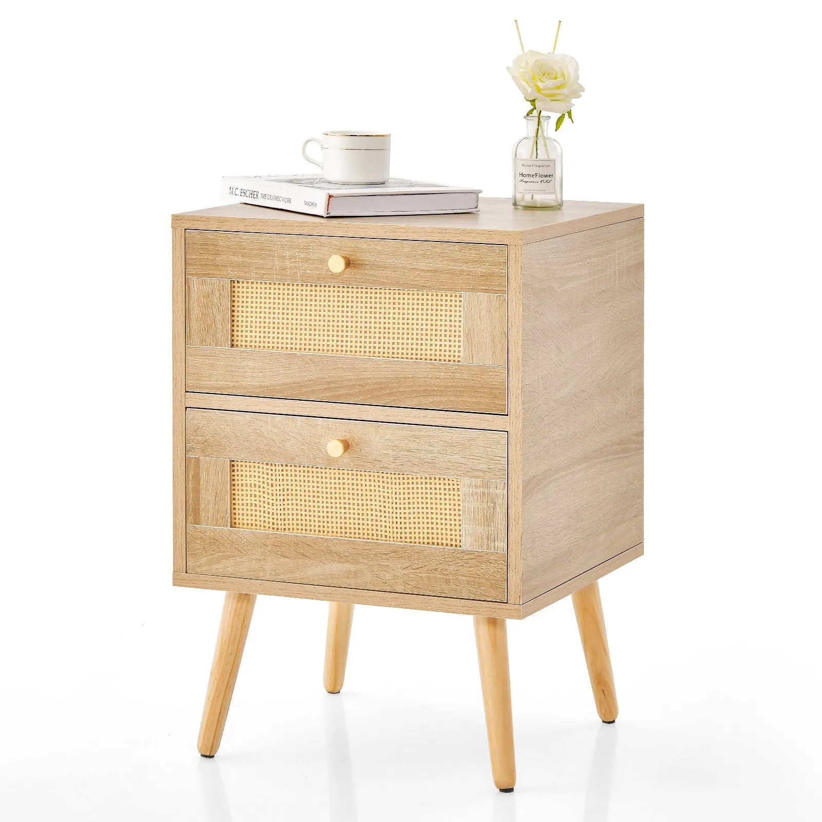 Boho Accent Rattan Nightstand Bedside Table with 2 Storage Drawers-Natural
