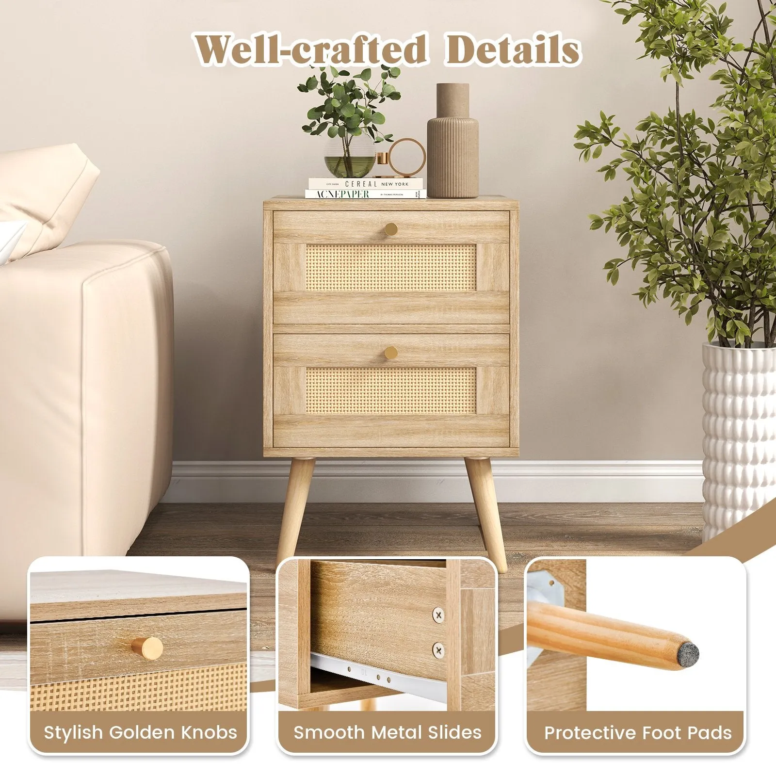 Boho Accent Rattan Nightstand Bedside Table with 2 Storage Drawers-Natural
