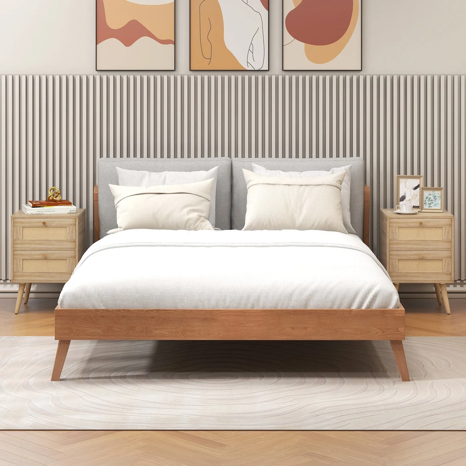 Boho Accent Rattan Nightstand Bedside Table with 2 Storage Drawers-Natural