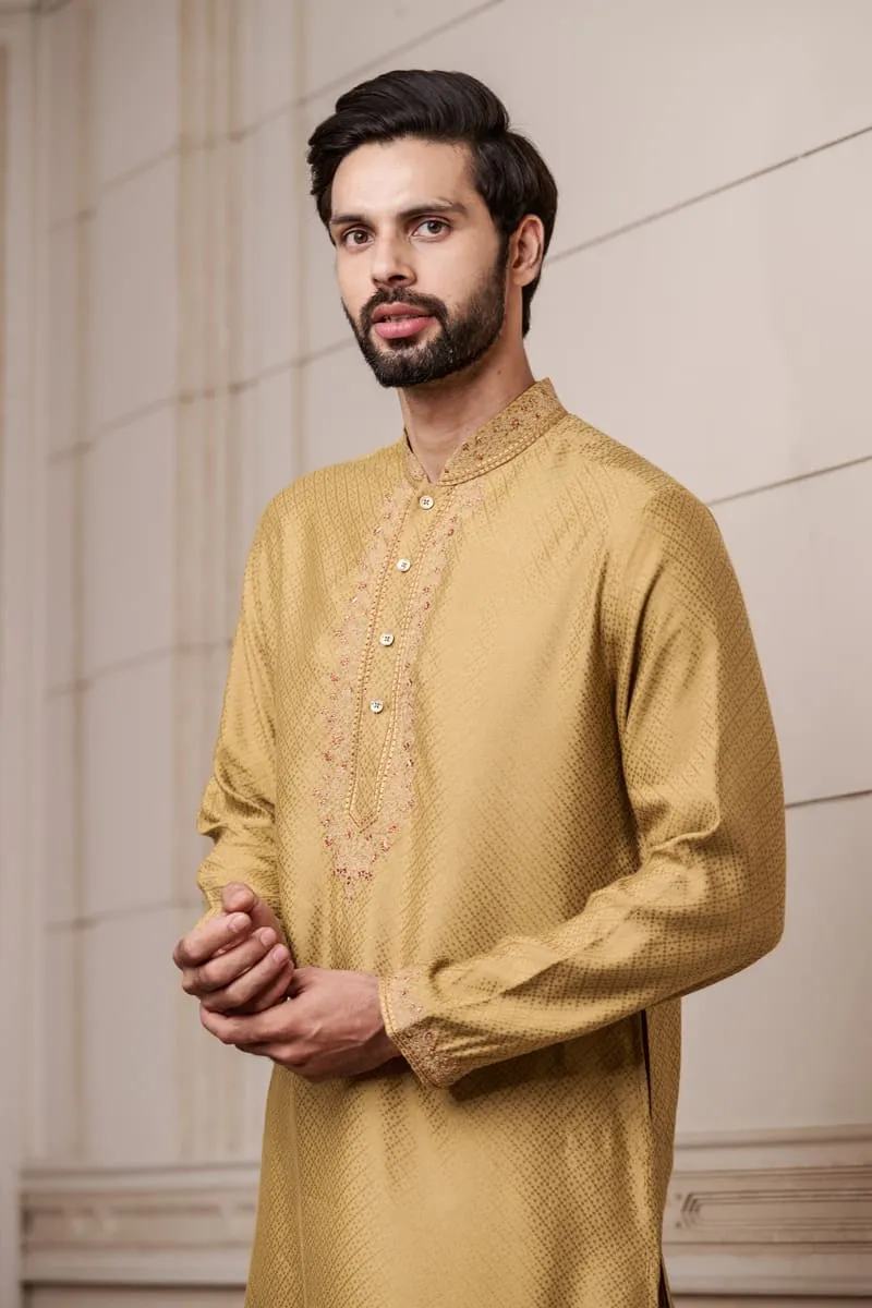 Brown Self Textured Silk Jacquard Kurta Set With Embroidered Neck And Collar