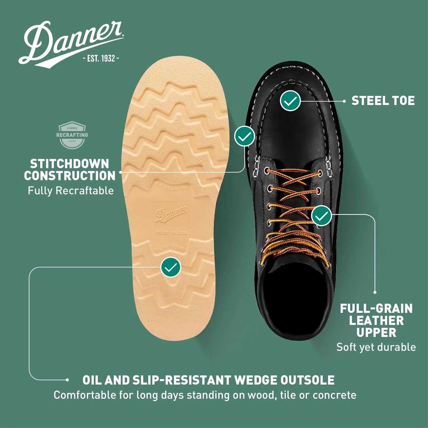 Danner 6 Bull Run Steel Toe Work Boots for Men - Oiled Full-Grain Leather with Non Slip Wedge Outsole and 3-Density Cushion Footbed, EH Resistant