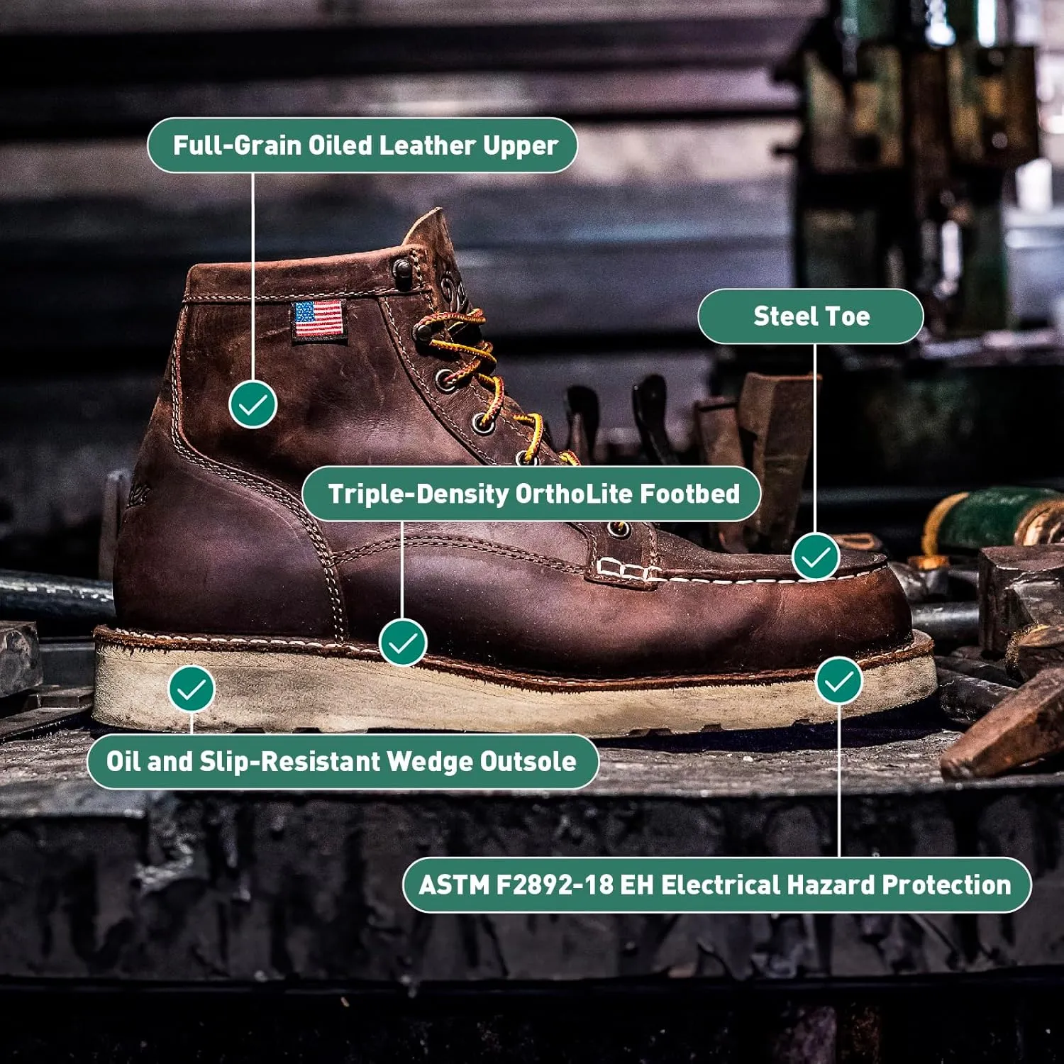 Danner 6 Bull Run Steel Toe Work Boots for Men - Oiled Full-Grain Leather with Non Slip Wedge Outsole and 3-Density Cushion Footbed, EH Resistant