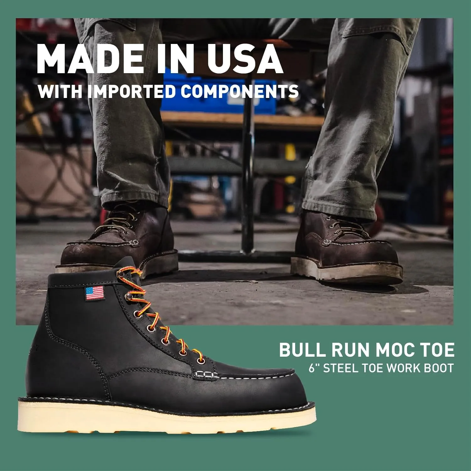 Danner 6 Bull Run Steel Toe Work Boots for Men - Oiled Full-Grain Leather with Non Slip Wedge Outsole and 3-Density Cushion Footbed, EH Resistant