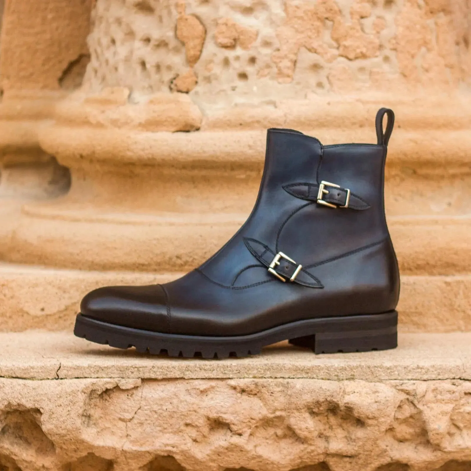 DapperFam Octavian in Navy Men's Italian Leather Buckle Boot