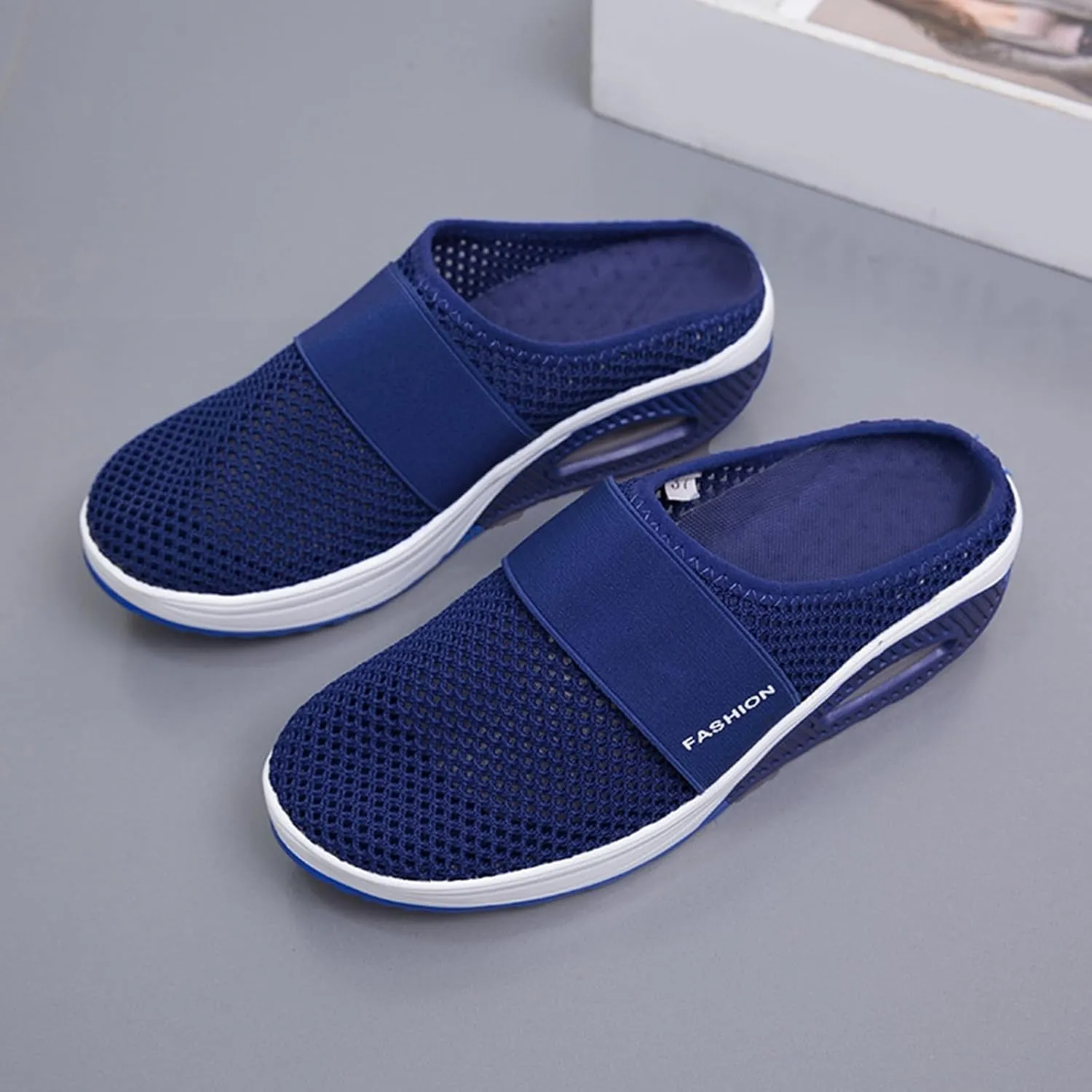 Diabetic Air-Cushion Slip-On Walking Shoes Summer Backless Walking Mules Orthopedic Diabetic Slippers Breathable Mesh Air Cushion Shoe Open Back Slip On Shoe Lightweight Slippers with Arch-Support