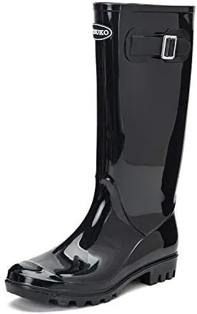 DKSUKO Women's Tall Rain Boots Waterproof Wellington Boots (10 B(M) US, Bright Black)