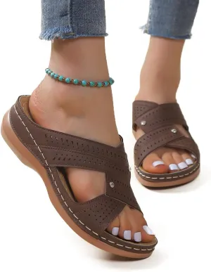 DOIX Ladies Orthopedic Mules Slippers Sandals Women's Arch Support Wedge Sandals Summer Slip on Platform Fish Mouth Sandals Soft Sole Outdoor Walking Shoes