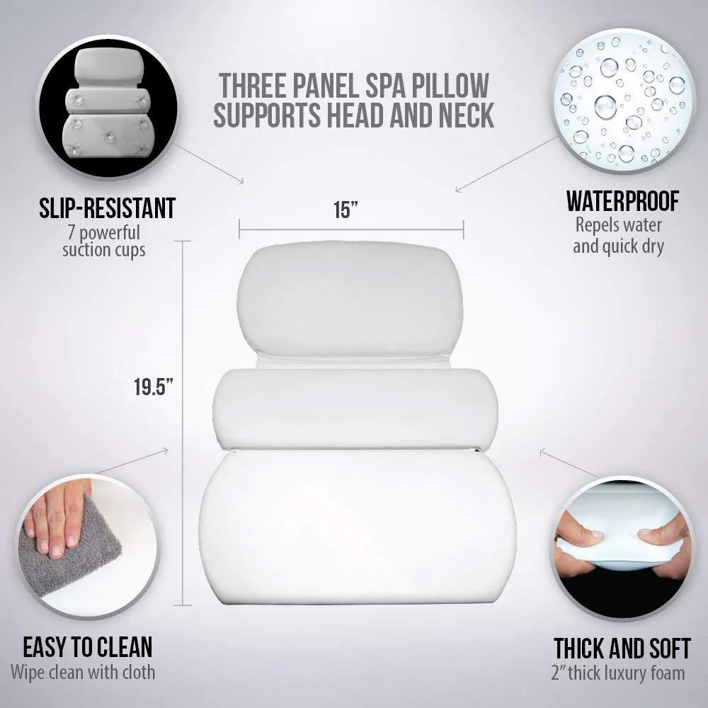 Gorilla Grip Comfort Slip Resistant Large Thick Soft Waterproof Relaxing Spa Bath Pillow, Fits Curved or Straight Back Tubs, Cushion Support Head and Neck in Tub, Bathtub Accessory, 3 Panel, White