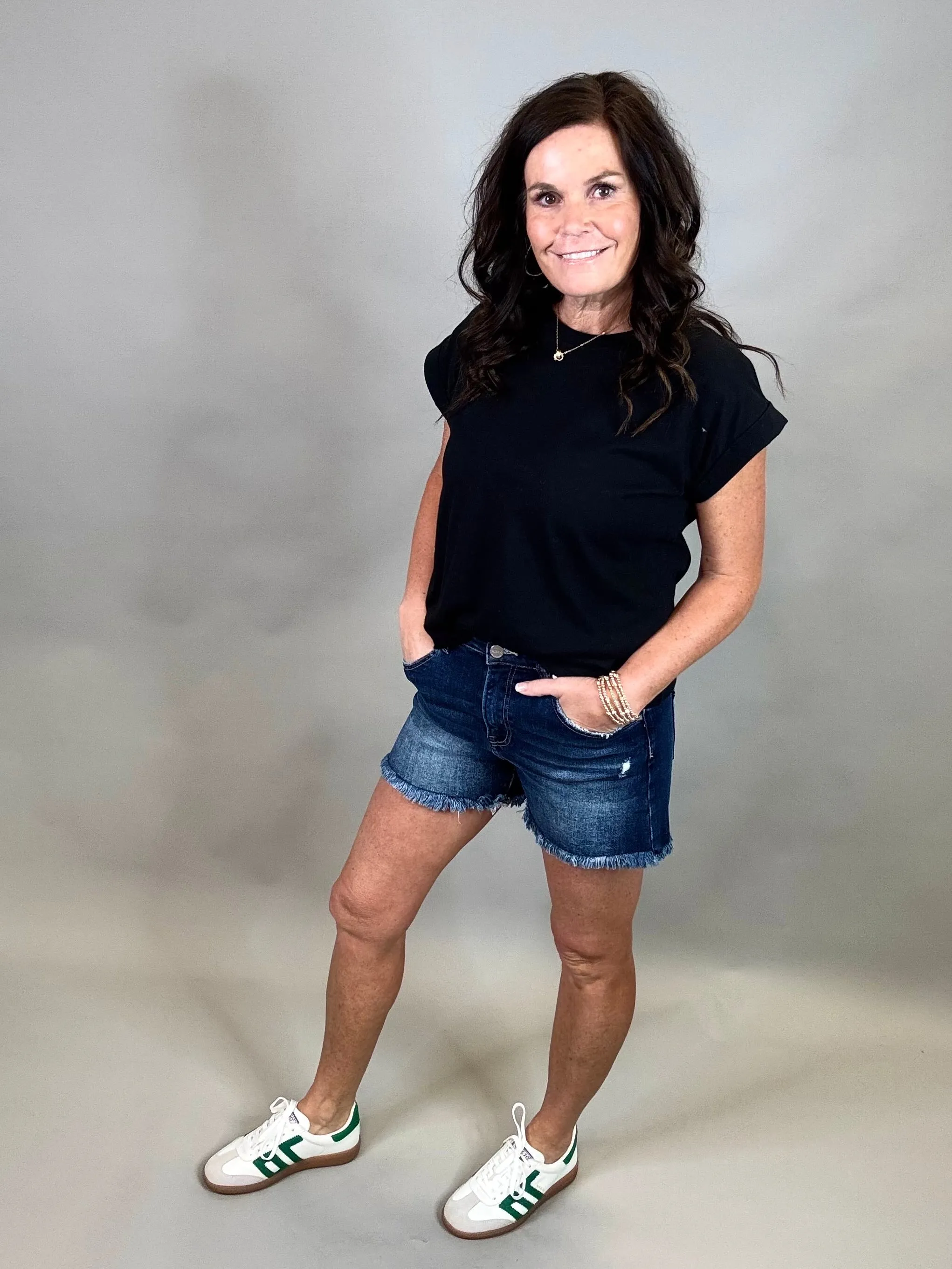 High Rise Dark Denim Shorts