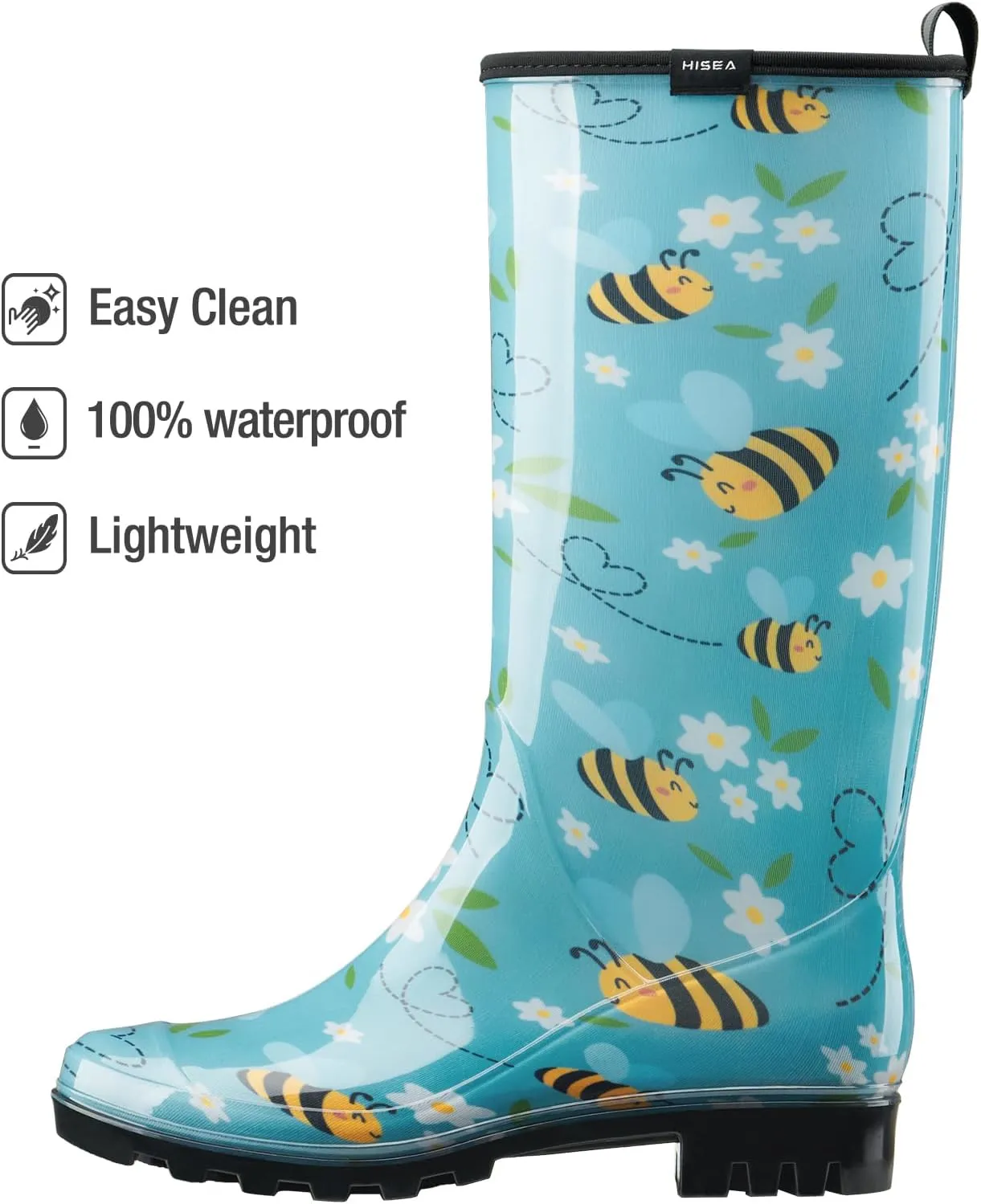 HISEA Women's Rain Boots Fashion Waterproof Garden Shoes Colorful Printed Rubber Boots Anti-Slipping Rainboots for Ladies with Comfort Insole Tall Knee High Outdoor Rain Shoes