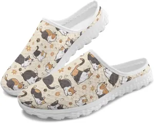 Jeiento Womens Slip On Mules Shoes Cute Cat Shoes Mesh Breathable Walking Sneakers Backless Fashion Sneakers