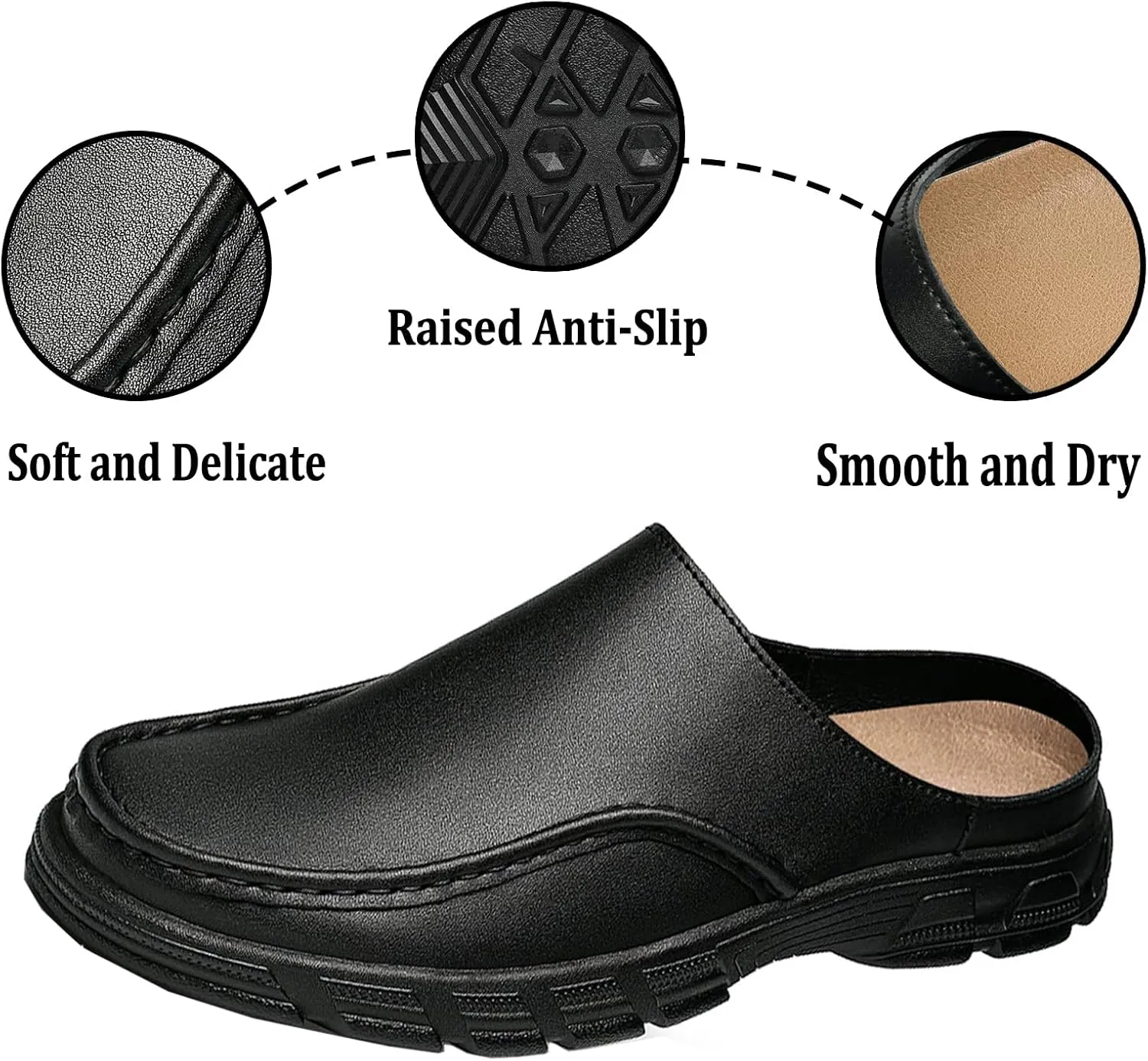 Men's Genuine Leather Lug Sole Dress Mules Comfort Wide Round Toe Soft Bottom Non Slip Slip-On Casual Slides Sandals for Office Daily Walking