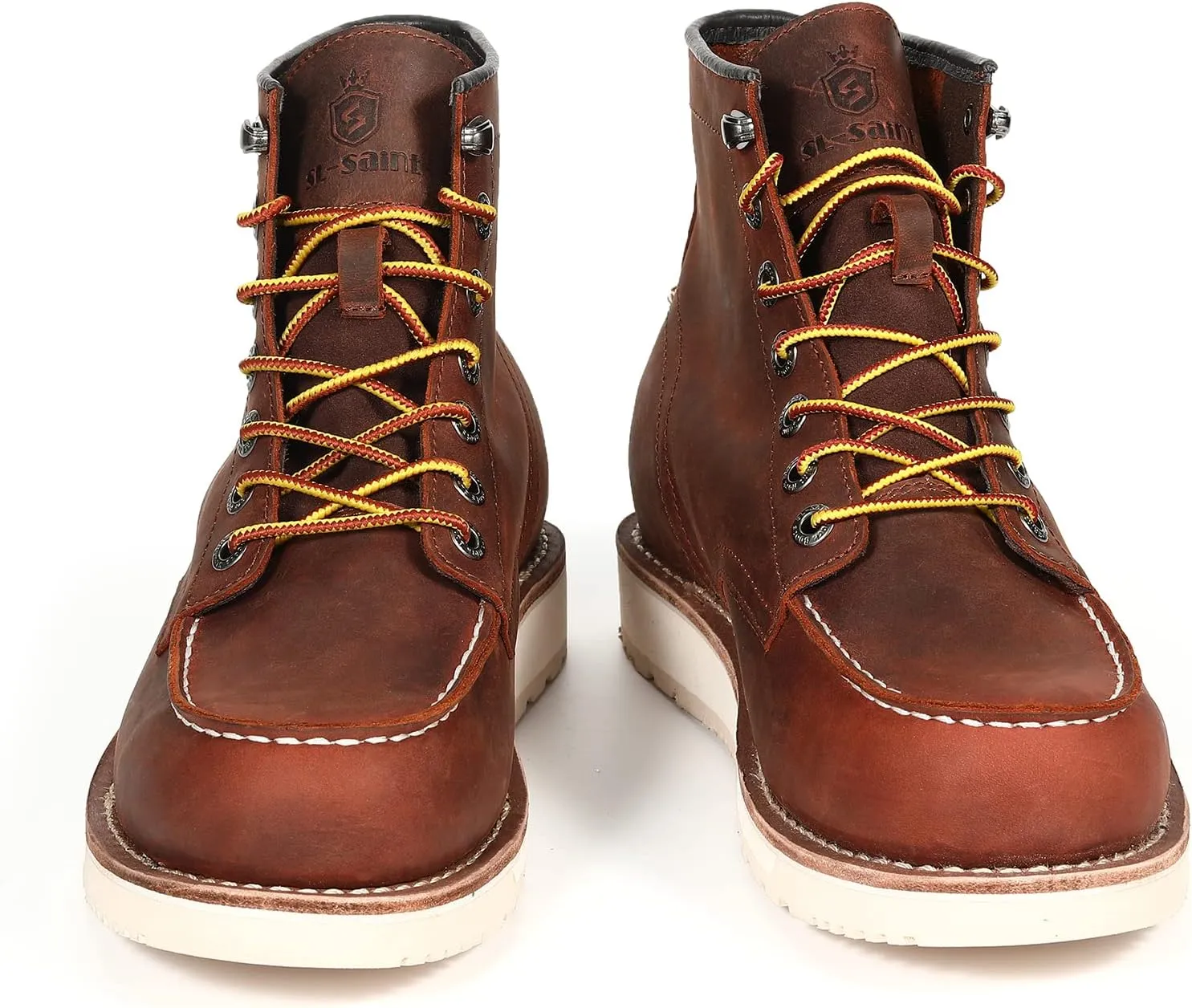 Mens Work Boots Soft Moc Toe Handmade Classic Ankle Fashion Casual 6 Inch Wedge Sole Industrial Construction Shoes Brown/Black