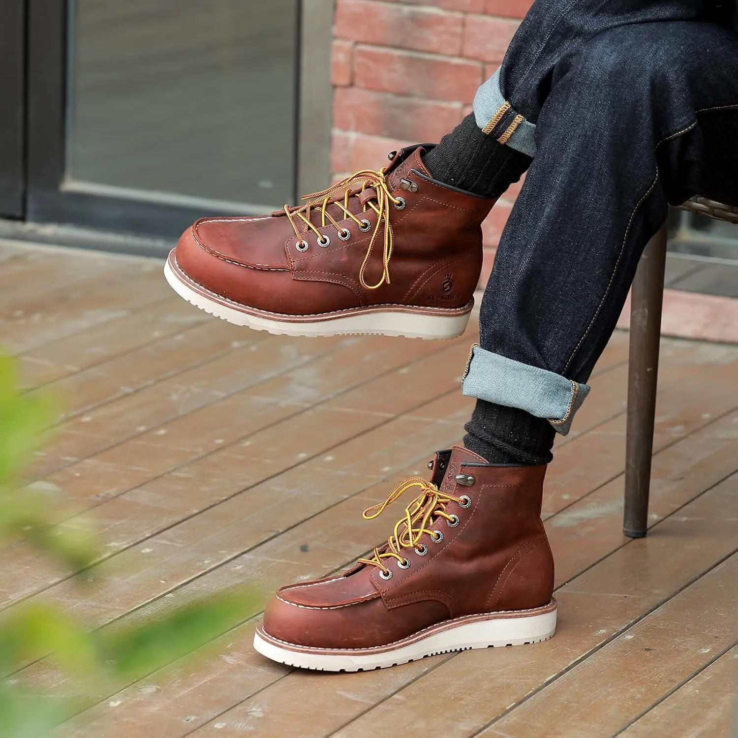 Mens Work Boots Soft Moc Toe Handmade Classic Ankle Fashion Casual 6 Inch Wedge Sole Industrial Construction Shoes Brown/Black