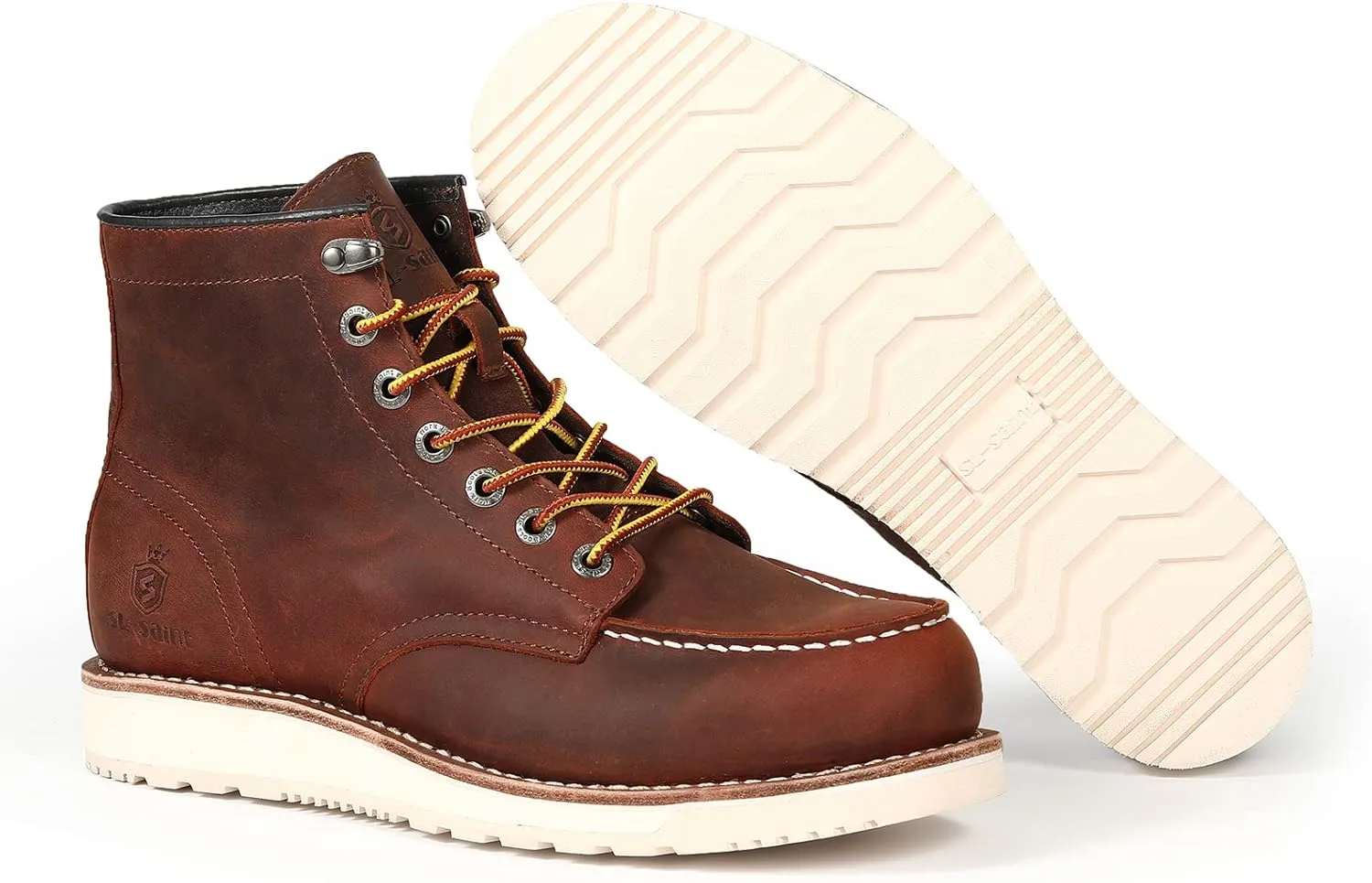 Mens Work Boots Soft Moc Toe Handmade Classic Ankle Fashion Casual 6 Inch Wedge Sole Industrial Construction Shoes Brown/Black