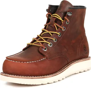 Mens Work Boots Soft Moc Toe Handmade Classic Ankle Fashion Casual 6 Inch Wedge Sole Industrial Construction Shoes Brown/Black