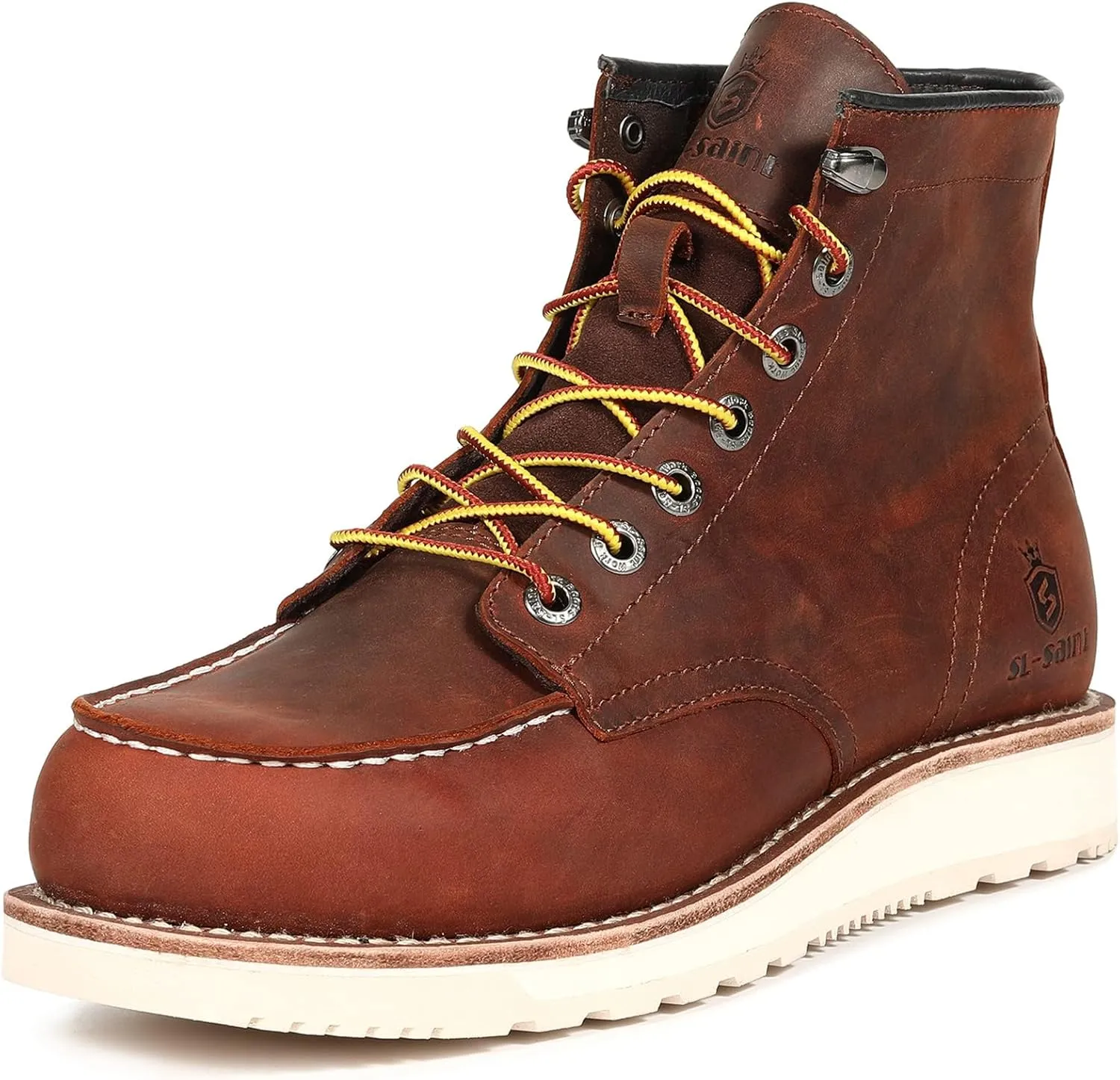 Mens Work Boots Soft Moc Toe Handmade Classic Ankle Fashion Casual 6 Inch Wedge Sole Industrial Construction Shoes Brown/Black