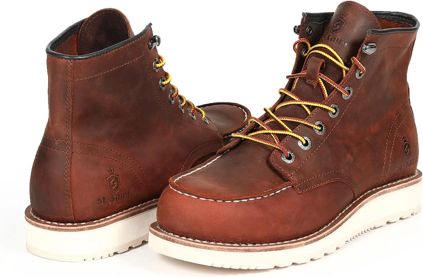 Mens Work Boots Soft Moc Toe Handmade Classic Ankle Fashion Casual 6 Inch Wedge Sole Industrial Construction Shoes Brown/Black